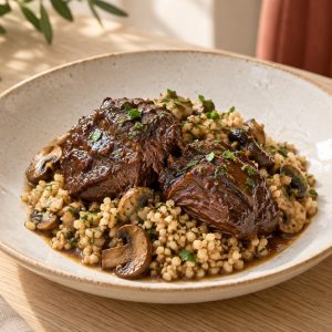 Говяжьи щечки с булгуром и грибами