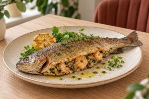 Радужная форель, фаршированная креветками и грибами