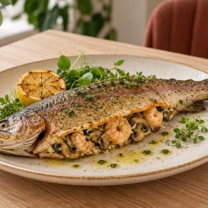 Радужная форель, фаршированная креветками и грибами